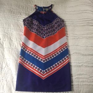 Royal blue & burnt orange, halter neck mini dress